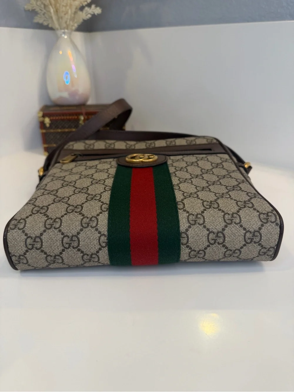🎀GUCCI GG Supreme Monogram Web Small Ophidia Messenger Bag Brown